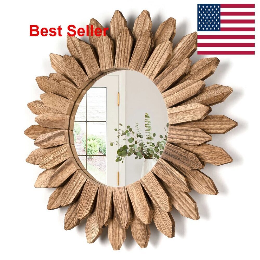 Sunburst Wood Mirror Boho Rustic Farmhouse Wall Art Decorative Accent